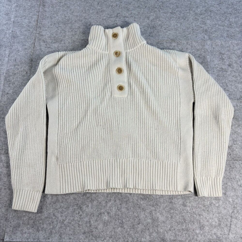 Banana Republic Womens S Ivory 100% Cotton Ribbed Mock Neck Button Sweater